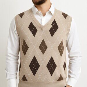 Mens XL Argyle Sweater Vest Beige Brown Diamond Knit Preppy Golf Retro Academia